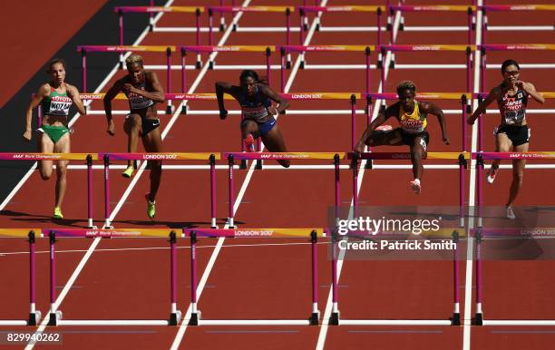 Luca Kozak of Hungary, Phylicia George of Canada, Nia Ali of the United States, Megan Simmonds of Jamaica and Ayako Kimura of Japan compete in the...