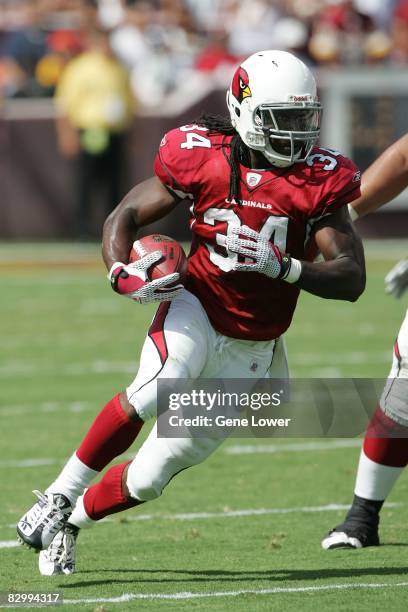 Arizona Cardinals running back Tim Hightower runs down field during a game against the Washington Redskins at FedEx Field on September 21, 2008 in...