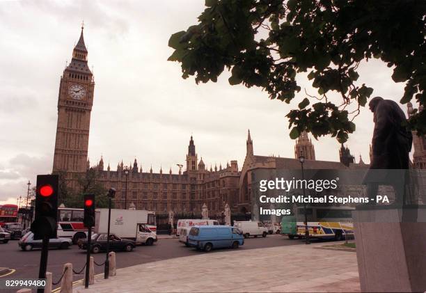 The statue of Winston Churchill over-looking the Houses of Parliament in London - one of the landmarks the cortege of Diana, Princess of Wales will...
