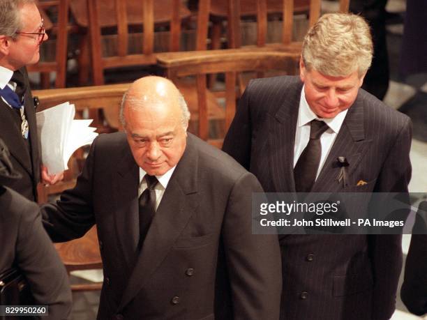 Mohamed Al Fayed and his meida advisor, Michael Cole, arrive in Westminster Abbey this morning for the funeral of Diana, Princess of Wales. The...