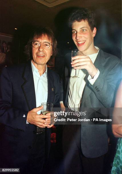 Former Rolling Stone Bill Wyman and Lord Frederick Windsor enjoy a glass of champagne to celebrate the 8th birthday party of the "Sticky Fingers"...