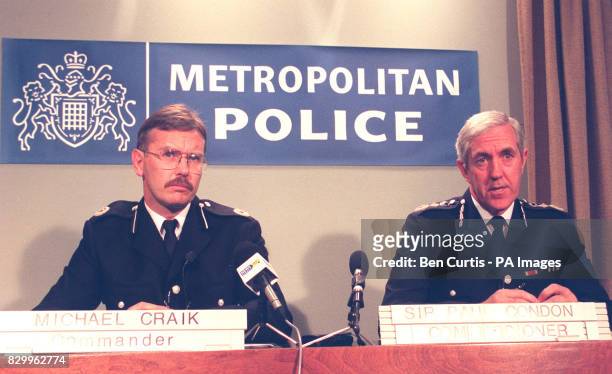 Commander Michael Craik and Police Commissioner Sir Paul Condon speak at a press conference today held at Scotland Yard concerning the killing of...