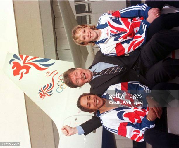 Bob Ayling, Chief Executive of British Airways, with British athletes Kelly Holmes and Alison Curbishley, at Heathrow airport today where BA unveiled...