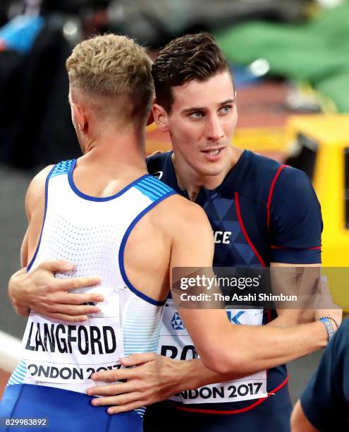 Pierre-Ambroise Bosse of France is embraced by Kyle Langford of Great Britain after winning the gold medal in the Men's 800 metres final during day...