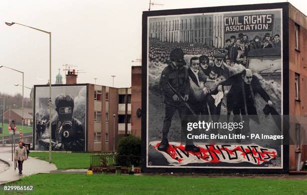 Mural's adorning wall's of "Free Derry Corner", today , in the Bogside area of Londonderry, Northern Ireland. The British Goverment announced in the...