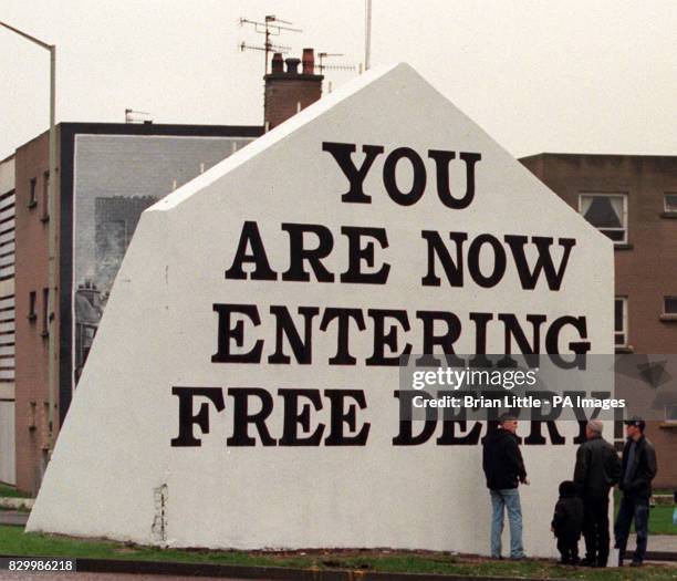 Mural adorning a wall of "Free Derry Corner", today , in the Bogside area of Londonderry, Northern Ireland. The British Goverment announced in the...