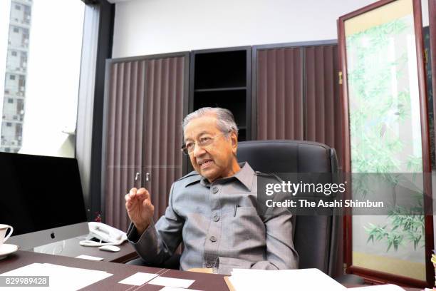 Former Malaysian Prime Minister Mahathir bin Mohamad speaks during the Asahi Shimbun interview on July 27, 2017 in Kuala Lumpur, Malaysia.