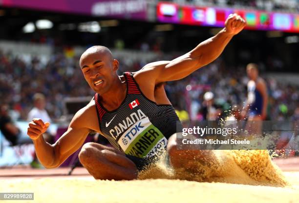 Damian Warner of Canada competes in the Men's Decathlon Long Jump during day eight of the 16th IAAF World Athletics Championships London 2017 at The...