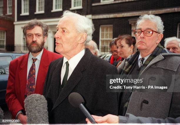 MPs Jeremy Corbyn, Tony Benn and Tam Dalyell deliver a letter to No10 Downing Street today , in protest at th Government's backing for military...