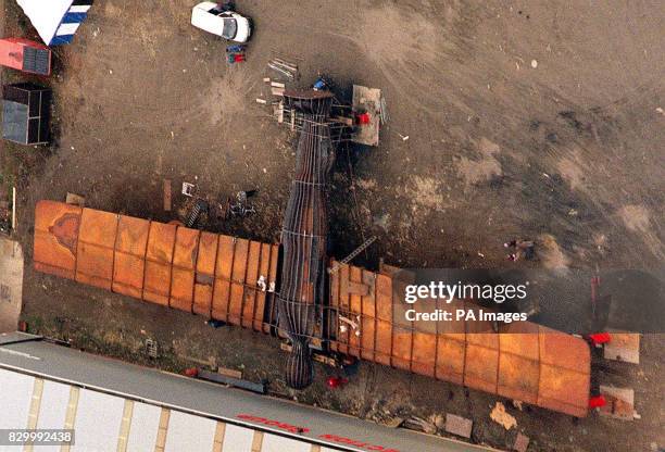 The giant steel sculpture of The Angel Of The North lies in the yard of the Hartlepool works, where it was built before being moved by road tomorrow...