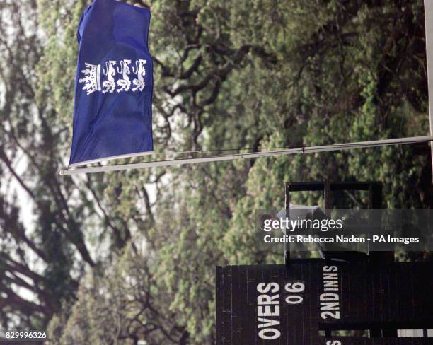 The England cricket team tour flag flies high on the scoreboard, during the 4th Test between the West Indies and England at the Bourda Oval,...