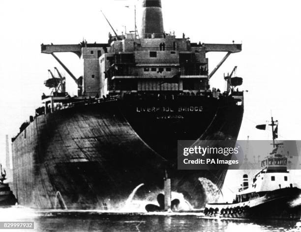 File dated 1976 of the British ore carrier Derbyshire, when she was launched at Haverton Hill as Liverpool Bridge. Strict new ship safety regulations...