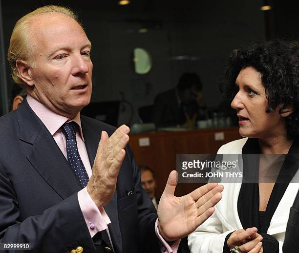 Belgian minister of immigration Annemie Turtelboom speaks with her counterpart French Brice Hortefeuxeu prior to their meeting at the Justice and...