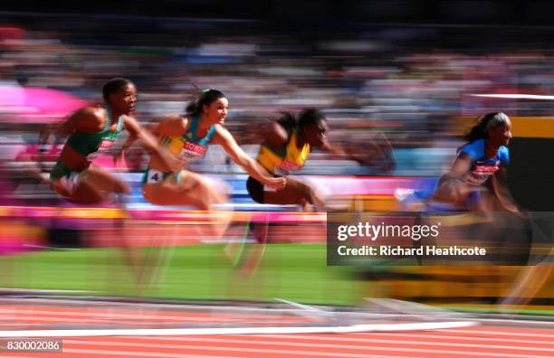 Lindsay Lindley of Nigeria, Michelle Jenneke of Australia, Yanique Thompson of Jamaica and Kendra Harrison of the United States compete in the...