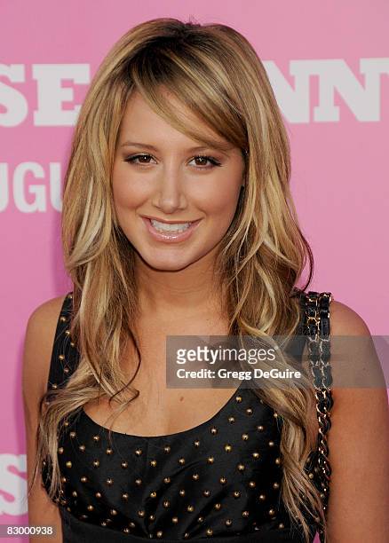 Actress Ashley Tisdale arrives at Sony Pictures' Premiere of "House Bunny" at the Mann Village Theatre on August 14, 2008 in Los Angeles, California.