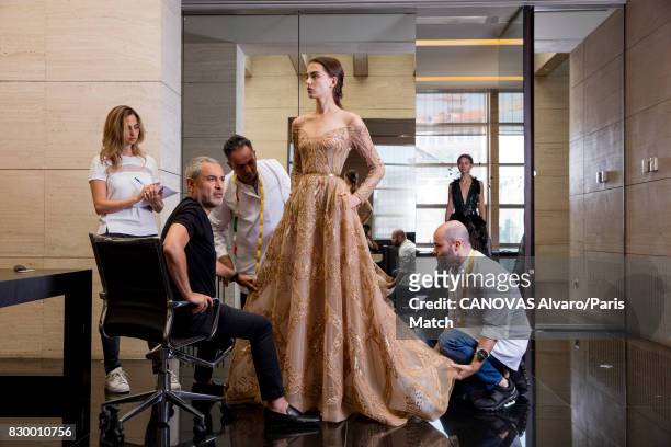 Fashion designer Elie Saab working on his new fashion collection is photographed for Paris Match on June 24, 2017 in Beirut, Lebanon.