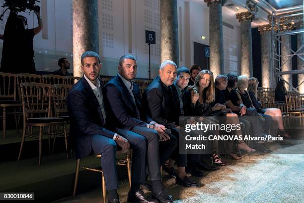 Fashion designer Elie Saab with his wife Claudine and sons Celio, Elie Junior and Michel are photographed for Paris Match on June 24, 2017 in Beirut,...