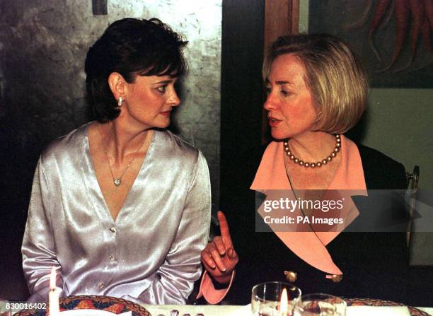 Cherie Blair and Hillary Clinton talk at a dinner attended by leaders wives at the Left Bank resturant, Birmingham. Leaders of the Group of Eight are...