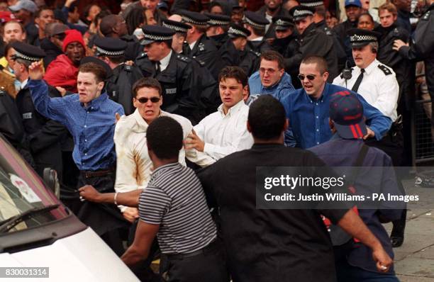 Three of the five murder suspects David Norris, Jamie Acourt and Luke Knight, as they leave the Stephen Lawrence Murder Inquiry held at Hannibal...