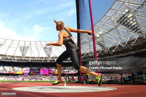 Nadine Muller of Germany competes in the Women's Discus qualification during day eight of the 16th IAAF World Athletics Championships London 2017 at...
