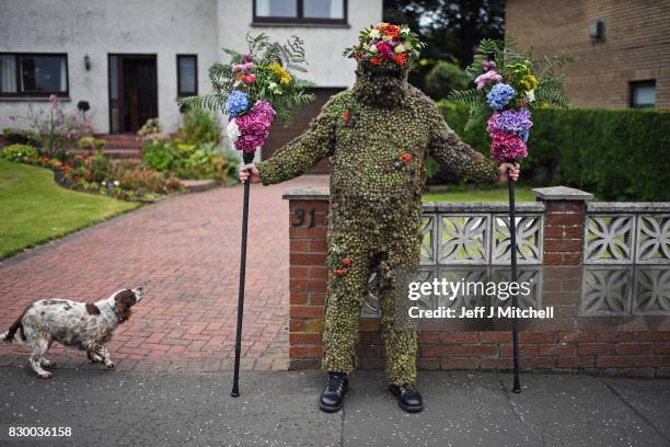 Burryman Andrew Taylor meets resident as he parades through the town encased in burrs on August 11, 2017 in South Queensferry, Scotland. The parade...