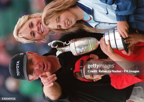 Mark O'Meara his wife Alicia, son Shaun and daughter Michelle with the trophy, after he had won the Open Championship, at Royal Birkdale, after a...