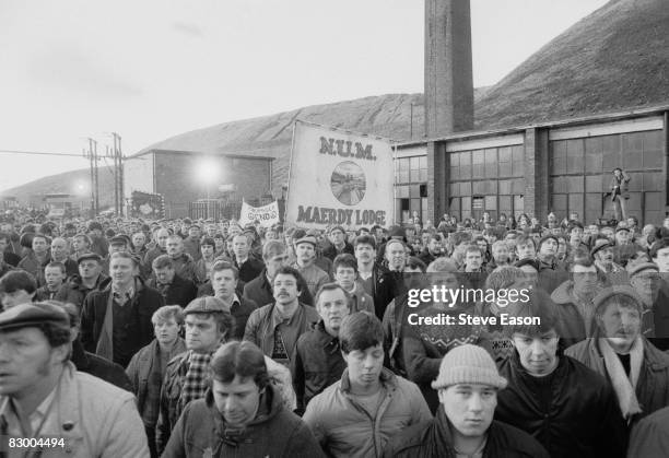 Miners at a demonstration at Maerdy Lodge Colliery in Gwent, South Wales at the end of the miners' strike, 5th March 1985.