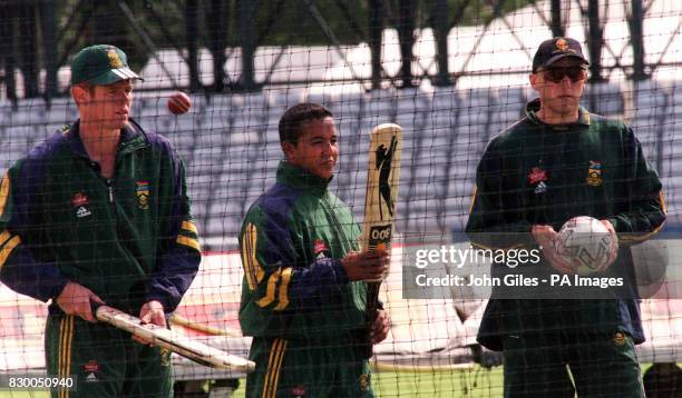 South African bowlers Shaun Pollock , Paul Adams and Allan Donald wait at net practice at Headingley today ahead of the deciding Test Match beginning...