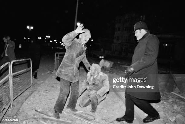 The scene outside the Grand Hotel in Brighton, after a bomb attack by the IRA, 12th October 1984. British Prime Minister Margaret Thatcher and many...