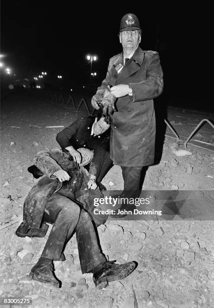 The scene outside the Grand Hotel in Brighton, after a bomb attack by the IRA, 12th October 1984. British Prime Minister Margaret Thatcher and many...