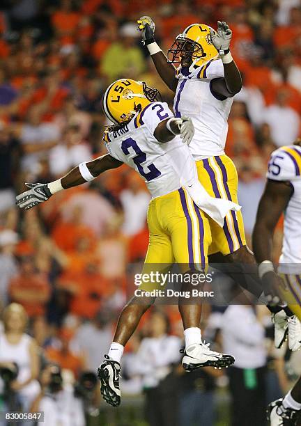 Brandon LaFell and Demetrius Byrd of the LSU Tigers celebrate a touchdown catch by Byrd against the Auburn Tigers at Jordan-Hare Stadium on September...