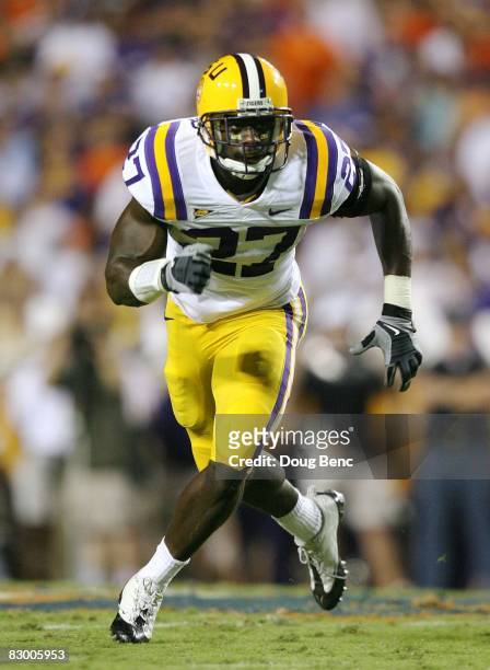 Safety Curtis Taylor of the LSU Tigers drops back into coverage while taking on the Auburn Tigers at Jordan-Hare Stadium on September 20, 2008 in...