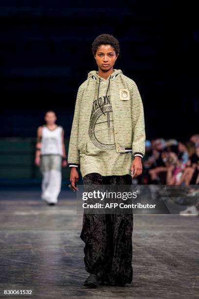 Model presents a creation by Danish designer Astrid Andersen during the Copenhagen Fashion Week 2017, in Copenhagen, Denmark, on August 10, 2017. /...