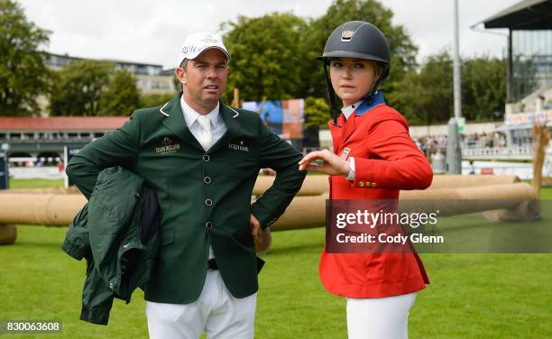 Dublin , Ireland - 11 August 2017; Cian O'Connor of Ireland in conversation with Lillie Keenan of USA during a walk of the course ahead of the FEI...