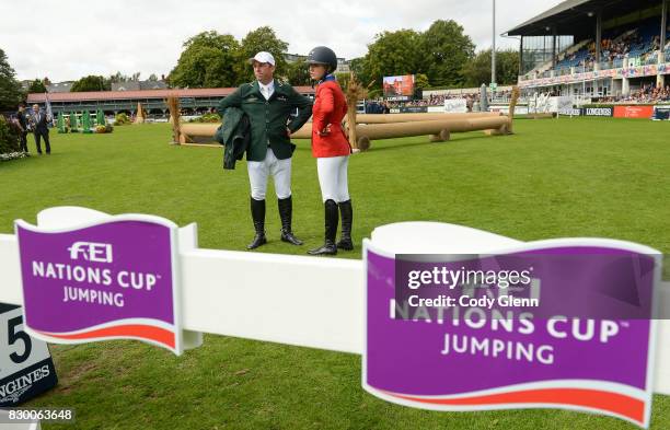 Dublin , Ireland - 11 August 2017; Cian O'Connor of Ireland in conversation with Lillie Keenan of USA during a walk of the course ahead of the FEI...