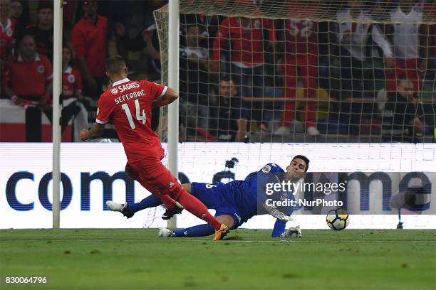 Benfica's Switzerland forward Haris Seferovic score a goal during the Candido Oliveira Super Cup match between SL Benfica and Vitoria Guimaraes at...