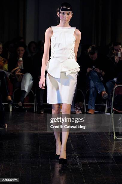 Model walks the runway wearing the Ana Sekularac Spring/Summer 2008/2009 collection during London Fashion Week on September 17, 2008 in London,...