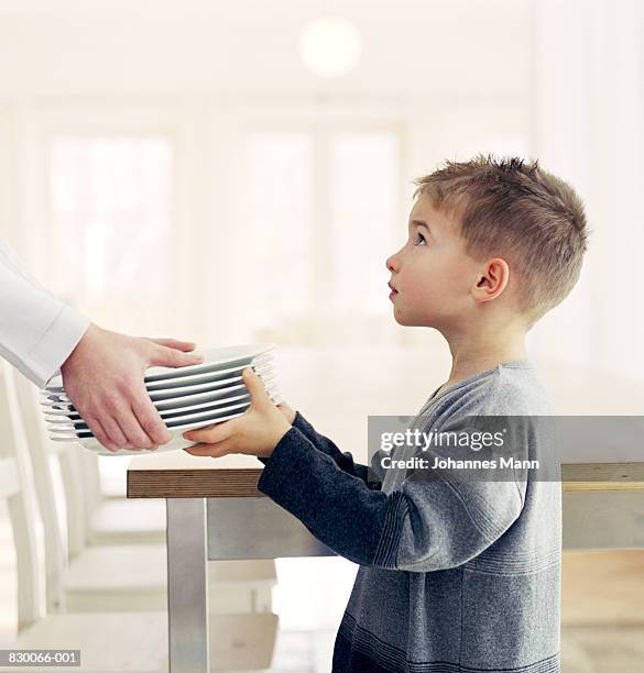 woman handing boy (5-7) stack of plates, profile - passa foto e immagini stock