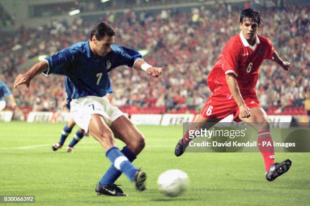 Italy's Diego Fuser scores against Wales, as Adrian Williams is beaten to the ball in tonight's Euro 2000 qualifying clash at Anfield. Pic Dave...