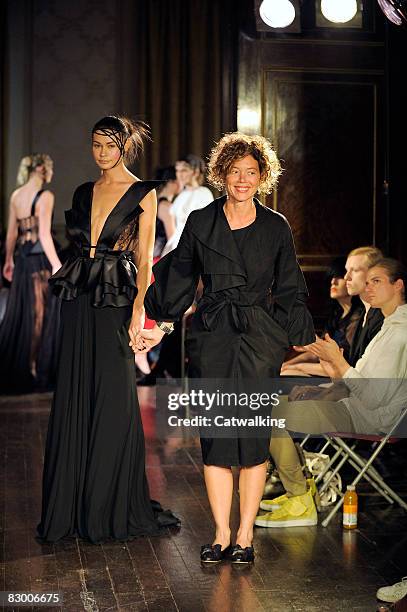 Model walks the runway wearing the Ana Sekularac Spring/Summer 2008/2009 collection during London Fashion Week on September 17, 2008 in London,...