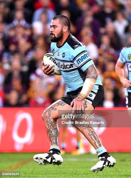 Andrew Fifita of the Sharks looks to take on the defence during the round 23 NRL match between the Brisbane Broncos and the Cronulla Sharks at...