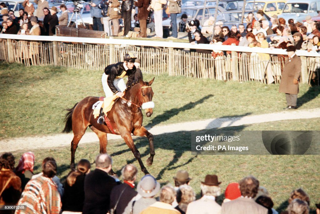 PA NEWS PHOTO 4/3/80  PRINCE CHARLES, RIDING THE 13-8 FAVOURITE, "LONG WHARF" , CANTERS TO THE START OF THE MADHATTERS PRIVATE SWEEPSTAKES AT PLUMPTON WHEN HE COMPETED IN HIS FIRST HORSE RACE UNDER JOCKEY CLUB RULES. THE PRINCE FINISHED SECOND   (Photo by PA Images via Getty Images)