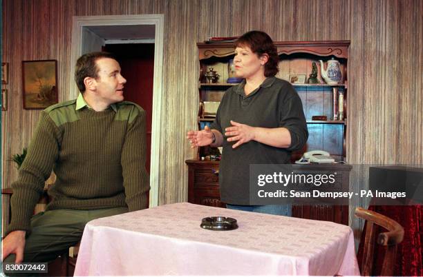 Alison, and Bob in a scene from the play 'Mum' written by her father, comic actor Ronnie Barker, being staged at the King's Head Theatre in...