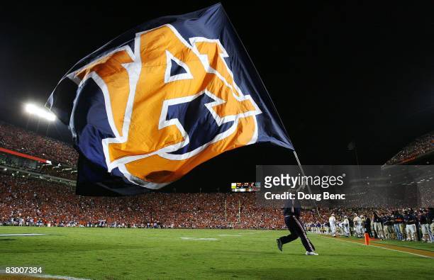Member of the Auburn Tigers celebrates after the offense scored against the LSU Tigers at Jordan-Hare Stadium on September 20, 2008 in Auburn,...