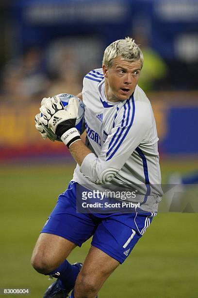 Kevin Hartman of the Kansas City Wizards catches the ball against Toronto FC during the game at Community America Ballpark on September 20, 2008 in...