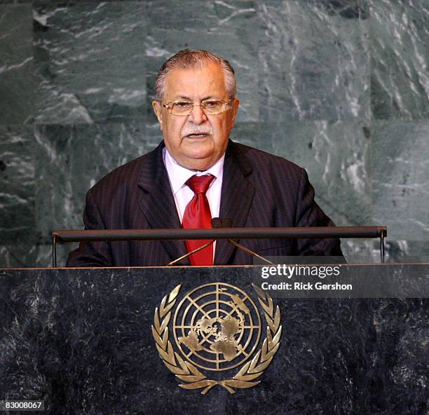 President of Iraq Jalal Talabani speaks at the 63rd annual United Nations General Assembly meeting September 25, 2008 at UN headquarters in New York...