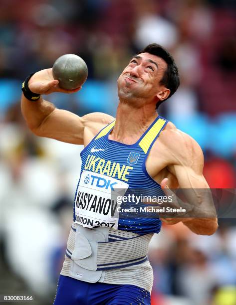 Oleksiy Kasyanov of Ukraine competes in the Men's Decathlon Shot Put during day eight of the 16th IAAF World Athletics Championships London 2017 at...