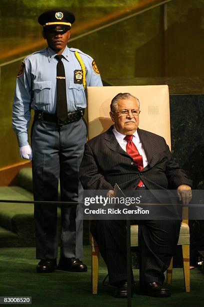 President of Iraq Jalal Talabani prepares to speak at the 63rd annual United Nations General Assembly meeting September 25, 2008 at UN headquarters...