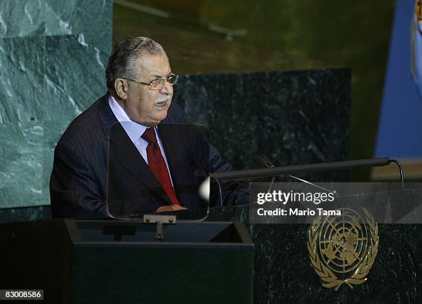 Iraqi President Jalal Talabani speaks at the 63rd annual United Nations General Assembly meeting September 25, 2008 at UN headquarters in New York...