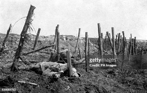 GERMAN SOLDIERS LIE DEAD IN A BELT OF BARBED WIRE DURING THE FIRST WORLD WAR.